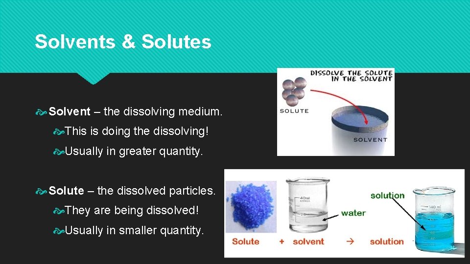 Solvents & Solutes Solvent – the dissolving medium. This is doing the dissolving! Usually