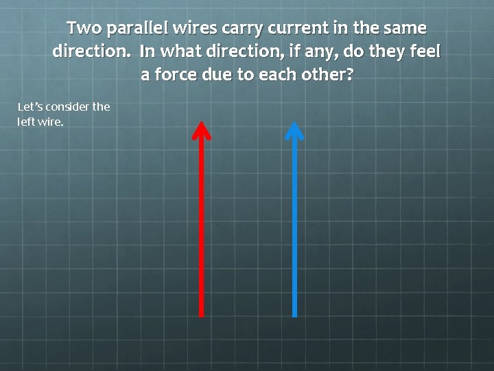Two parallel wires carry current in the same direction. In what direction, if any,