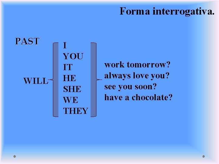 Forma interrogativa. PAST WILL I YOU IT HE SHE WE THEY work tomorrow? always