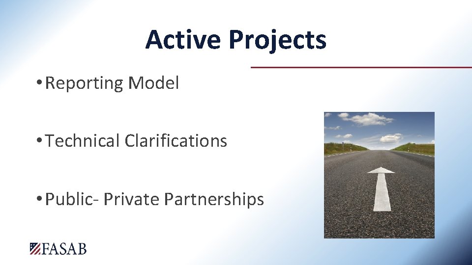 Active Projects • Reporting Model • Technical Clarifications • Public- Private Partnerships 