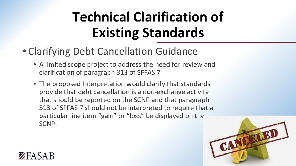Technical Clarification of Existing Standards • Clarifying Debt Cancellation Guidance • A limited scope