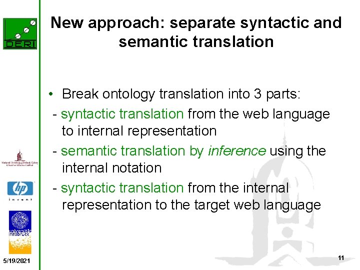 New approach: separate syntactic and semantic translation • Break ontology translation into 3 parts:
