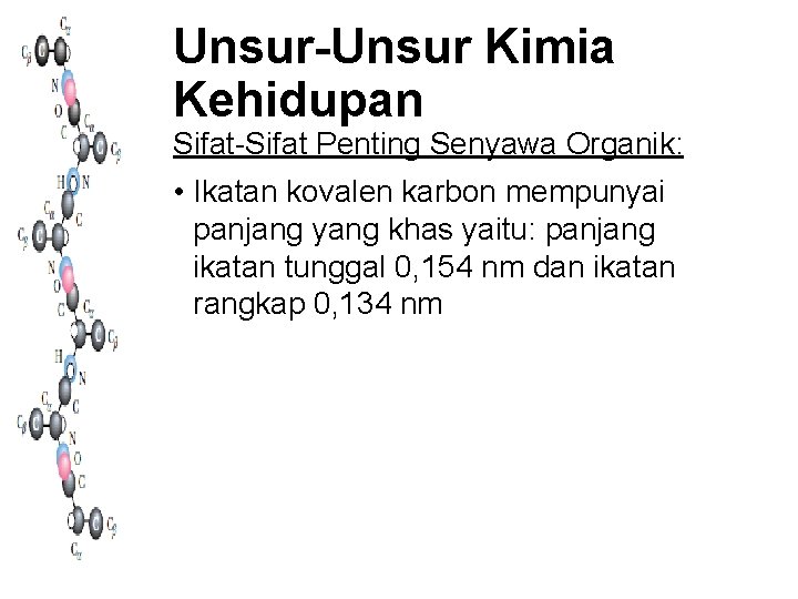 Unsur-Unsur Kimia Kehidupan Sifat-Sifat Penting Senyawa Organik: • Ikatan kovalen karbon mempunyai panjang yang