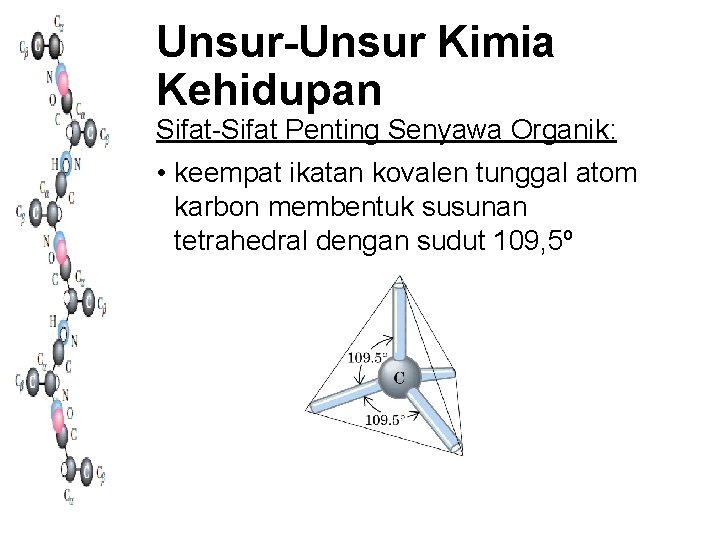 Unsur-Unsur Kimia Kehidupan Sifat-Sifat Penting Senyawa Organik: • keempat ikatan kovalen tunggal atom karbon