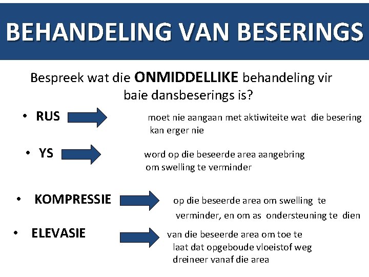 BEHANDELING VAN BESERINGS Bespreek wat die ONMIDDELLIKE behandeling vir baie dansbeserings is? • RUS