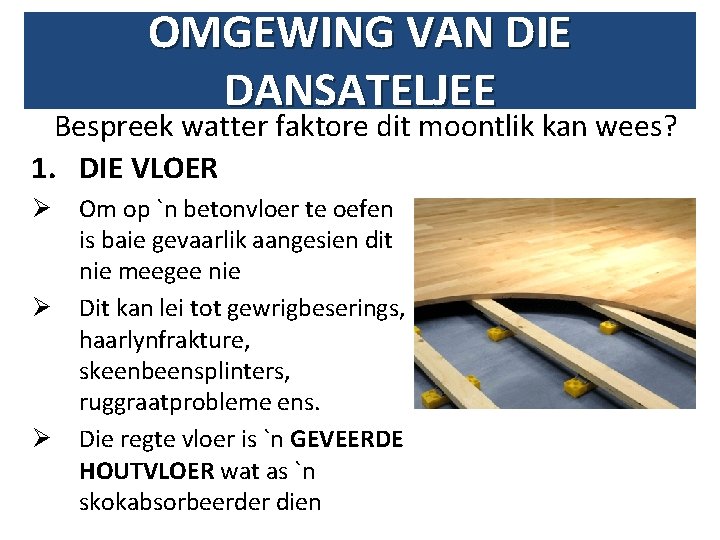 OMGEWING VAN DIE DANSATELJEE Bespreek watter faktore dit moontlik kan wees? 1. DIE VLOER