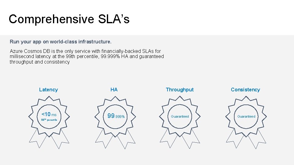 Comprehensive SLA’s Run your app on world-class infrastructure. Azure Cosmos DB is the only