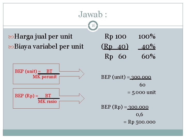 Jawab : 16 Harga jual per unit Biaya variabel per unit BEP (unit) =