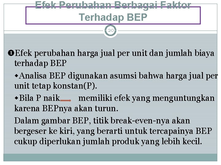 Efek Perubahan Berbagai Faktor Terhadap BEP 20 Efek perubahan harga jual per unit dan