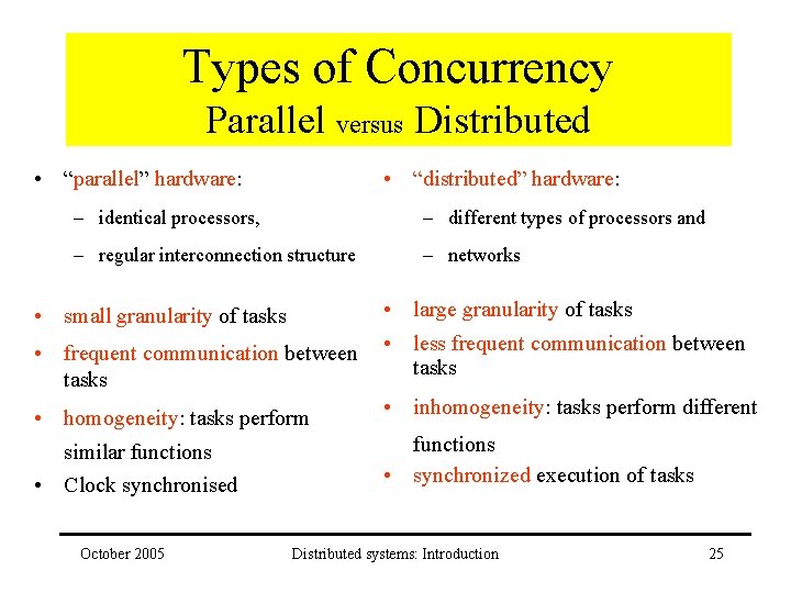 Types of Concurrency Parallel versus Distributed • “parallel” hardware: • “distributed” hardware: – identical
