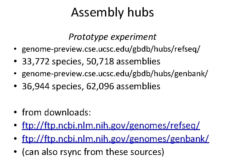 Assembly hubs Prototype experiment • genome-preview. cse. ucsc. edu/gbdb/hubs/refseq/ • 33, 772 species, 50,