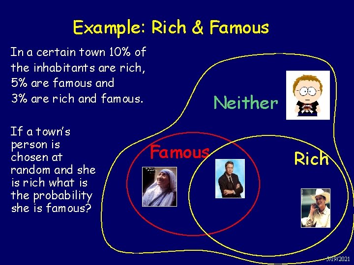 Example: Rich & Famous In a certain town 10% of the inhabitants are rich,