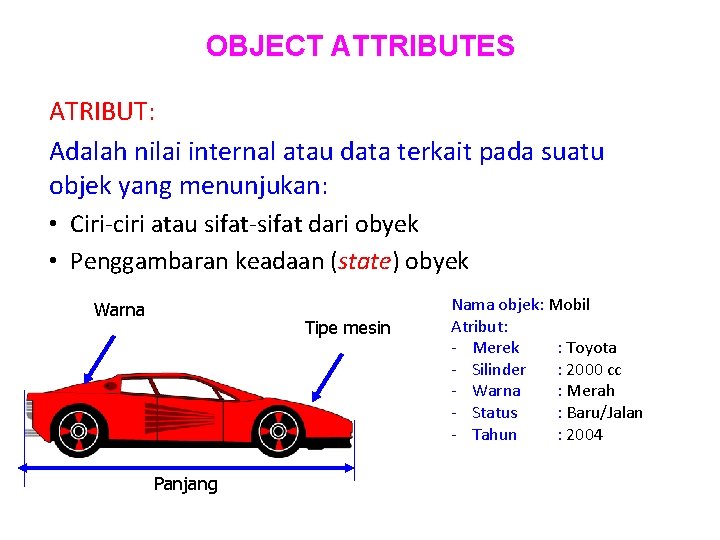 OBJECT ATTRIBUTES ATRIBUT: Adalah nilai internal atau data terkait pada suatu objek yang menunjukan: