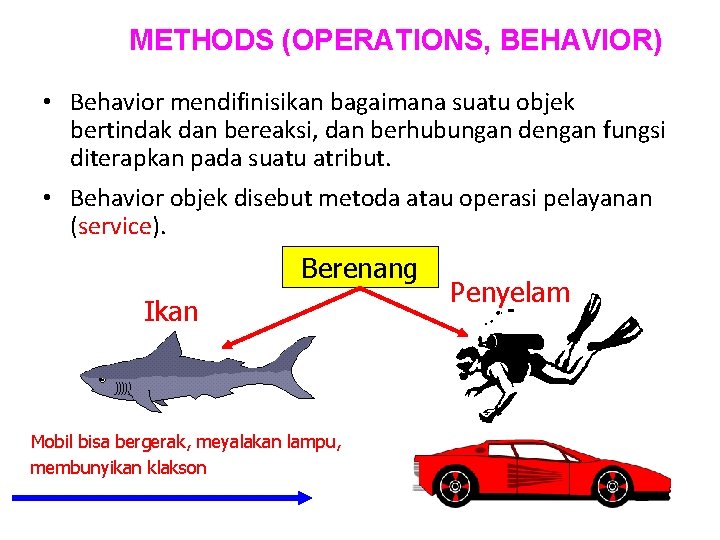 METHODS (OPERATIONS, BEHAVIOR) • Behavior mendifinisikan bagaimana suatu objek bertindak dan bereaksi, dan berhubungan