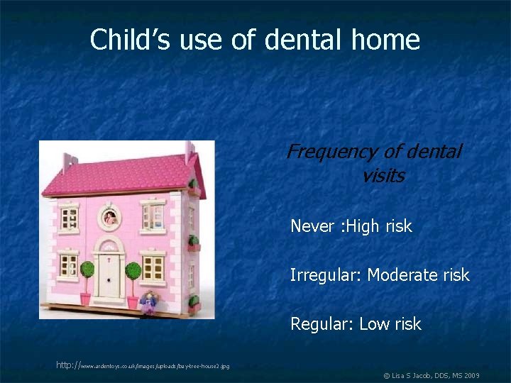 Child’s use of dental home Frequency of dental visits Never : High risk Irregular: