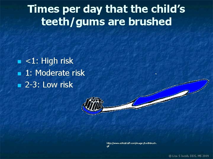 Times per day that the child’s teeth/gums are brushed n n n <1: High