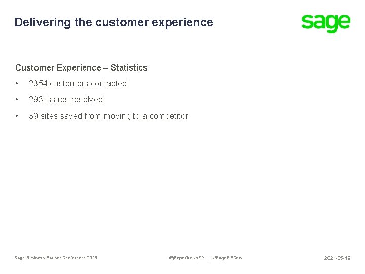 Delivering the customer experience Customer Experience – Statistics • 2354 customers contacted • 293