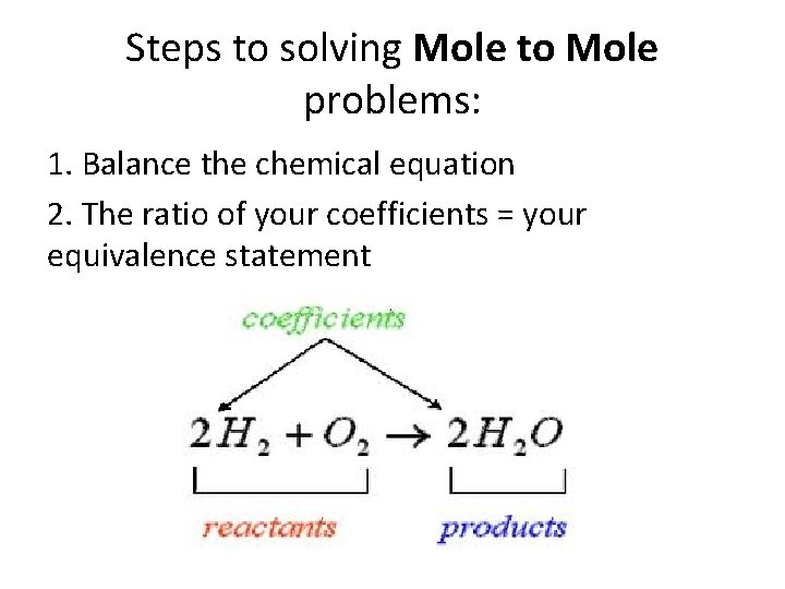 Steps to solving Mole to Mole problems: 1. Balance the chemical equation 2. The