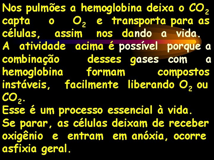 Nos pulmões a hemoglobina deixa o CO 2 capta o O 2 e transporta