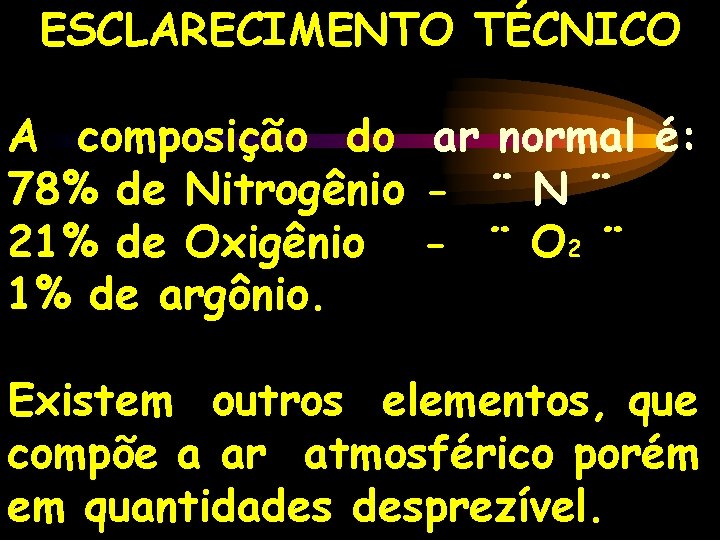 ESCLARECIMENTO TÉCNICO A composição do ar normal é: 78% de Nitrogênio - ¨ N