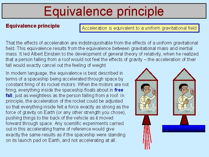 Equivalence principle Acceleration is equivalent to a uniform gravitational field That the effects of