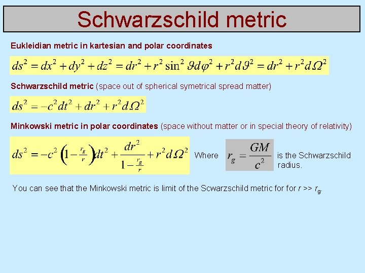 Schwarzschild metric Eukleidian metric in kartesian and polar coordinates Schwarzschild metric (space out of