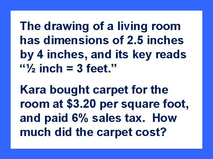 The drawing of a living room has dimensions of 2. 5 inches by 4