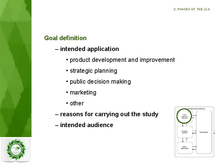 3. PHASES OF THE LCA Goal definition – intended application • product development and