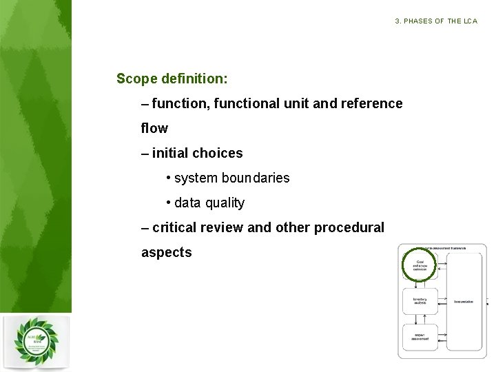 3. PHASES OF THE LCA Scope definition: – function, functional unit and reference flow