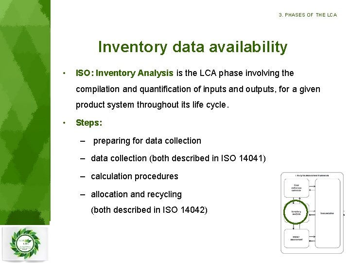 3. PHASES OF THE LCA Inventory data availability • ISO: Inventory Analysis is the