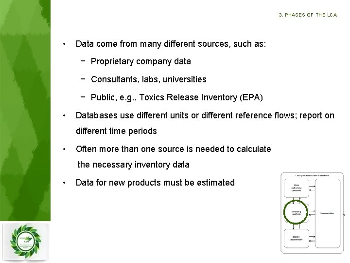 3. PHASES OF THE LCA • Data come from many different sources, such as:
