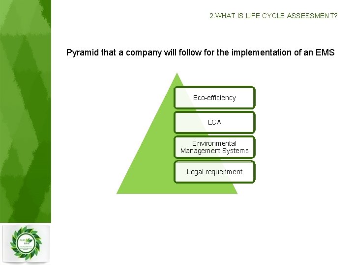 2. WHAT IS LIFE CYCLE ASSESSMENT? Pyramid that a company will follow for the