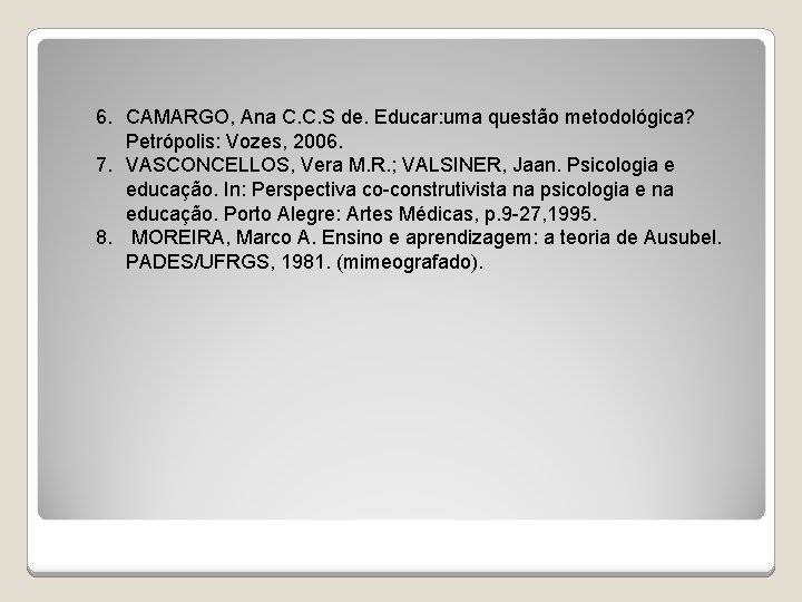 6. CAMARGO, Ana C. C. S de. Educar: uma questão metodológica? Petrópolis: Vozes, 2006.