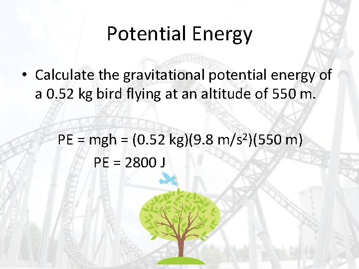 Potential Energy • Calculate the gravitational potential energy of a 0. 52 kg bird