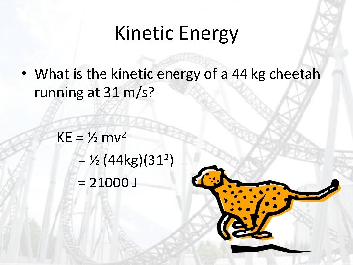Kinetic Energy • What is the kinetic energy of a 44 kg cheetah running