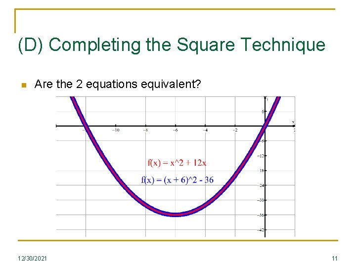 (D) Completing the Square Technique n Are the 2 equations equivalent? 12/30/2021 11 