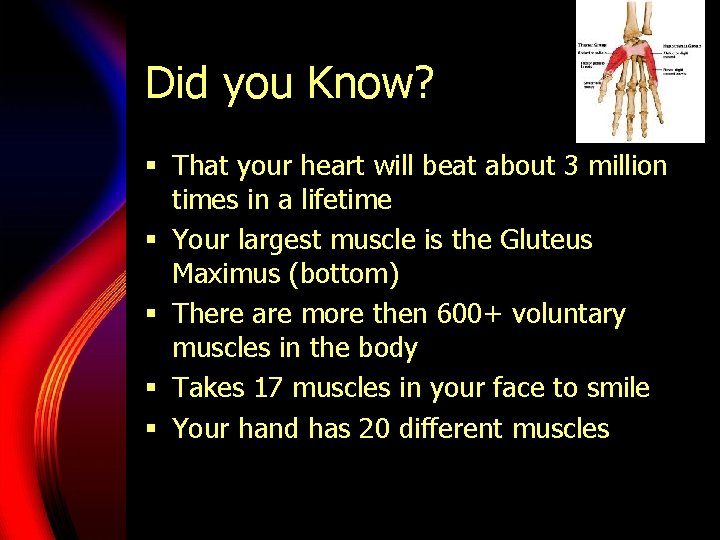 Did you Know? § That your heart will beat about 3 million times in