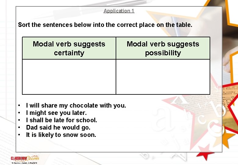 Application 1 Sort the sentences below into the correct place on the table. Modal