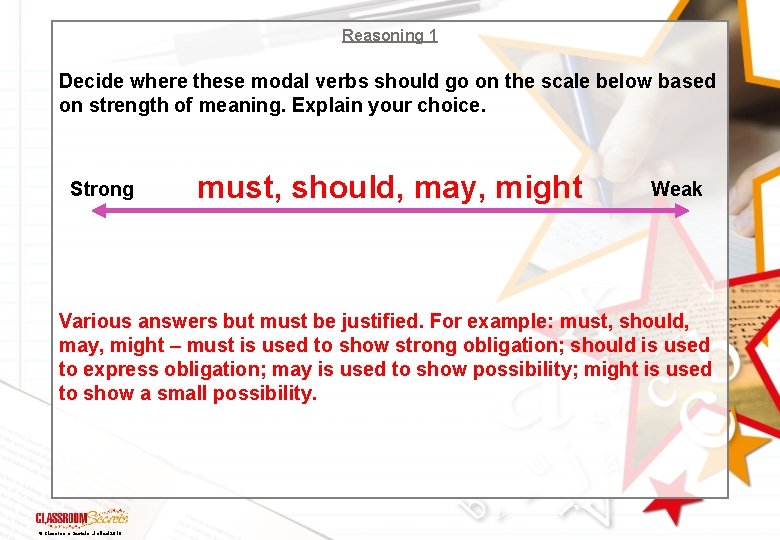 Reasoning 1 Decide where these modal verbs should go on the scale below based