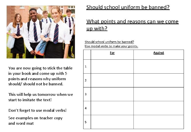 Should school uniform be banned? What points and reasons can we come up with?