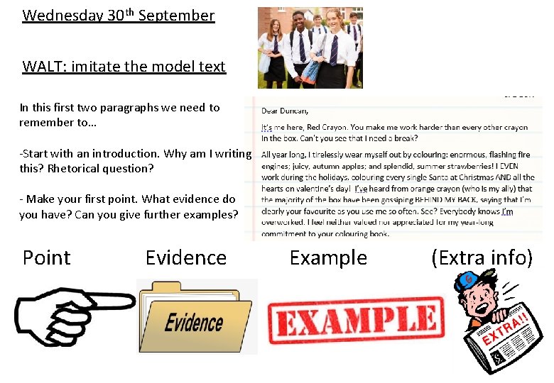 Wednesday 30 th September WALT: imitate the model text In this first two paragraphs