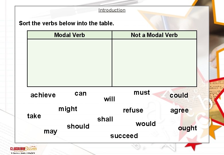 Introduction Sort the verbs below into the table. Modal Verb achieve will might take