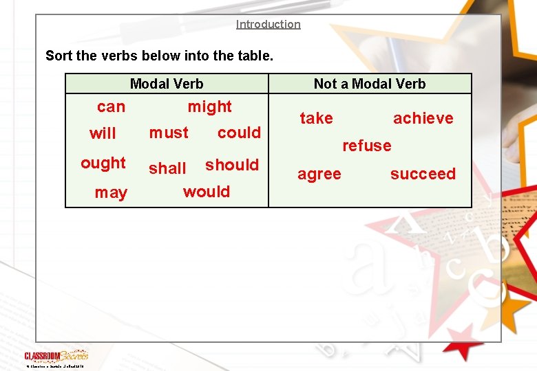 Introduction Sort the verbs below into the table. Modal Verb can will ought may