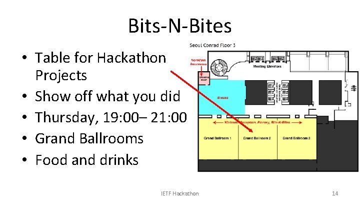 Bits-N-Bites • Table for Hackathon Projects • Show off what you did • Thursday,