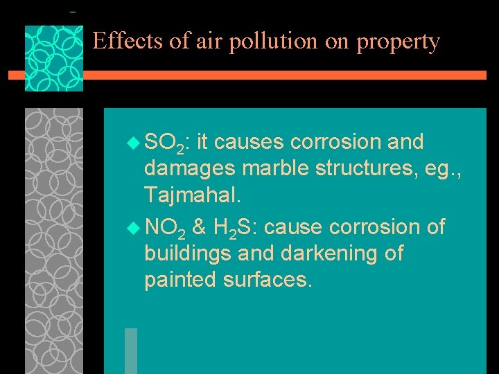 Effects of air pollution on property u SO 2: it causes corrosion and damages Effects of air pollution on property u SO 2: it causes corrosion and damages