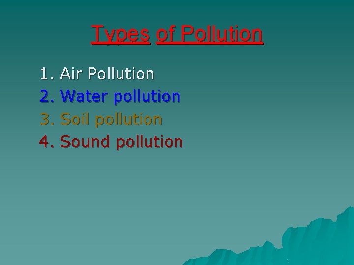 Types of Pollution 1. 2. 3. 4. Air Pollution Water pollution Soil pollution Sound Types of Pollution 1. 2. 3. 4. Air Pollution Water pollution Soil pollution Sound