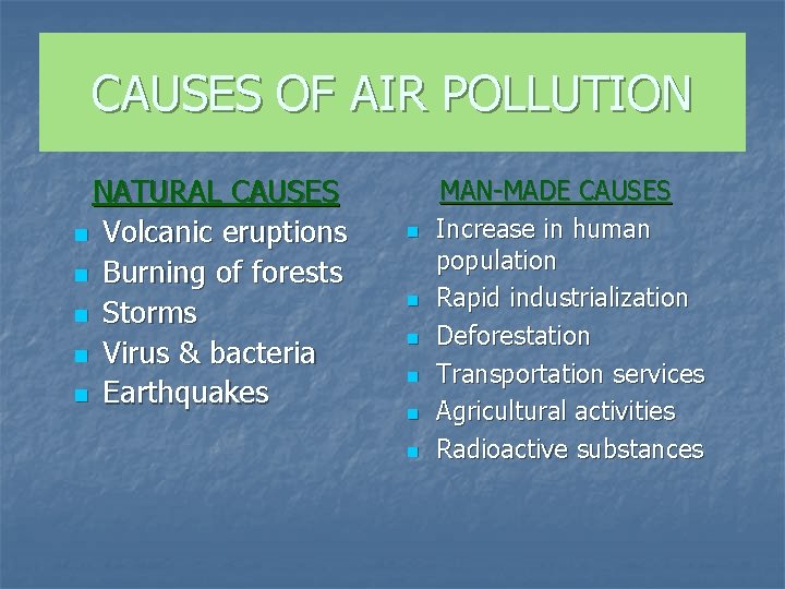 CAUSES OF AIR POLLUTION NATURAL CAUSES n Volcanic eruptions n Burning of forests n CAUSES OF AIR POLLUTION NATURAL CAUSES n Volcanic eruptions n Burning of forests n