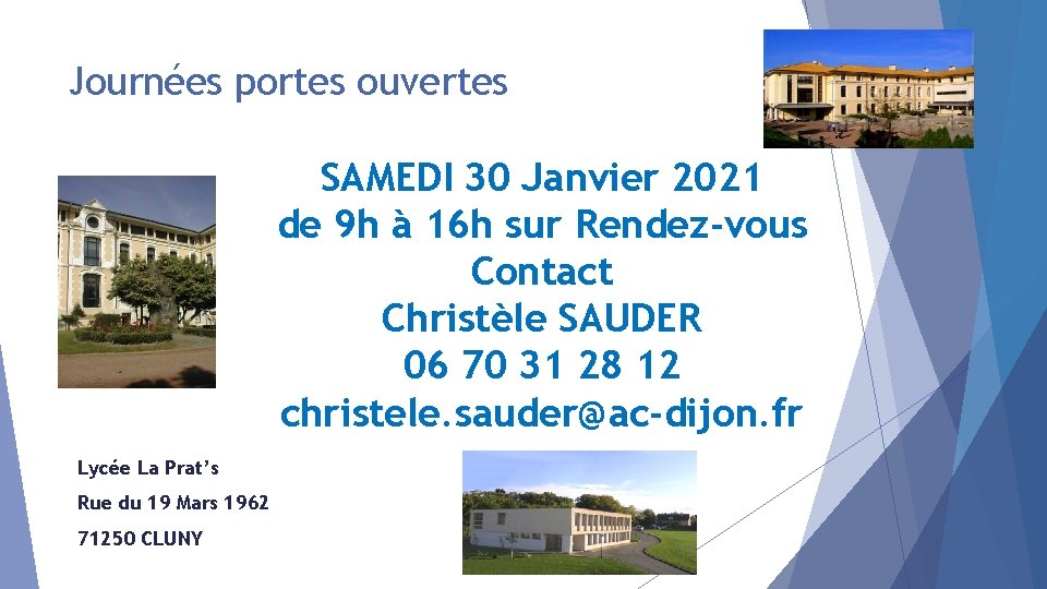 Journées portes ouvertes SAMEDI 30 Janvier 2021 de 9 h à 16 h sur