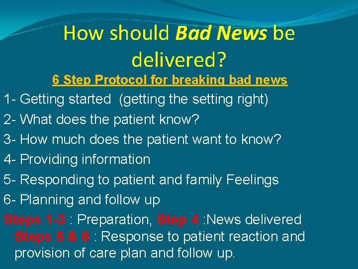 How should Bad News be delivered? 6 Step Protocol for breaking bad news 1