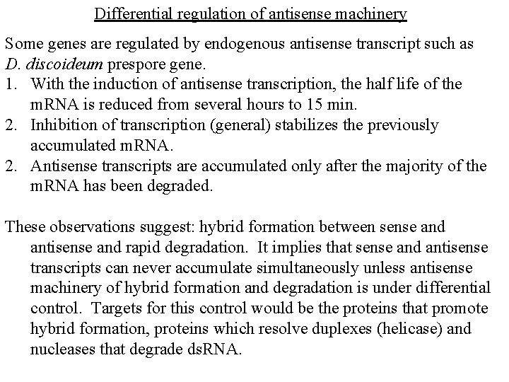 Differential regulation of antisense machinery Some genes are regulated by endogenous antisense transcript such